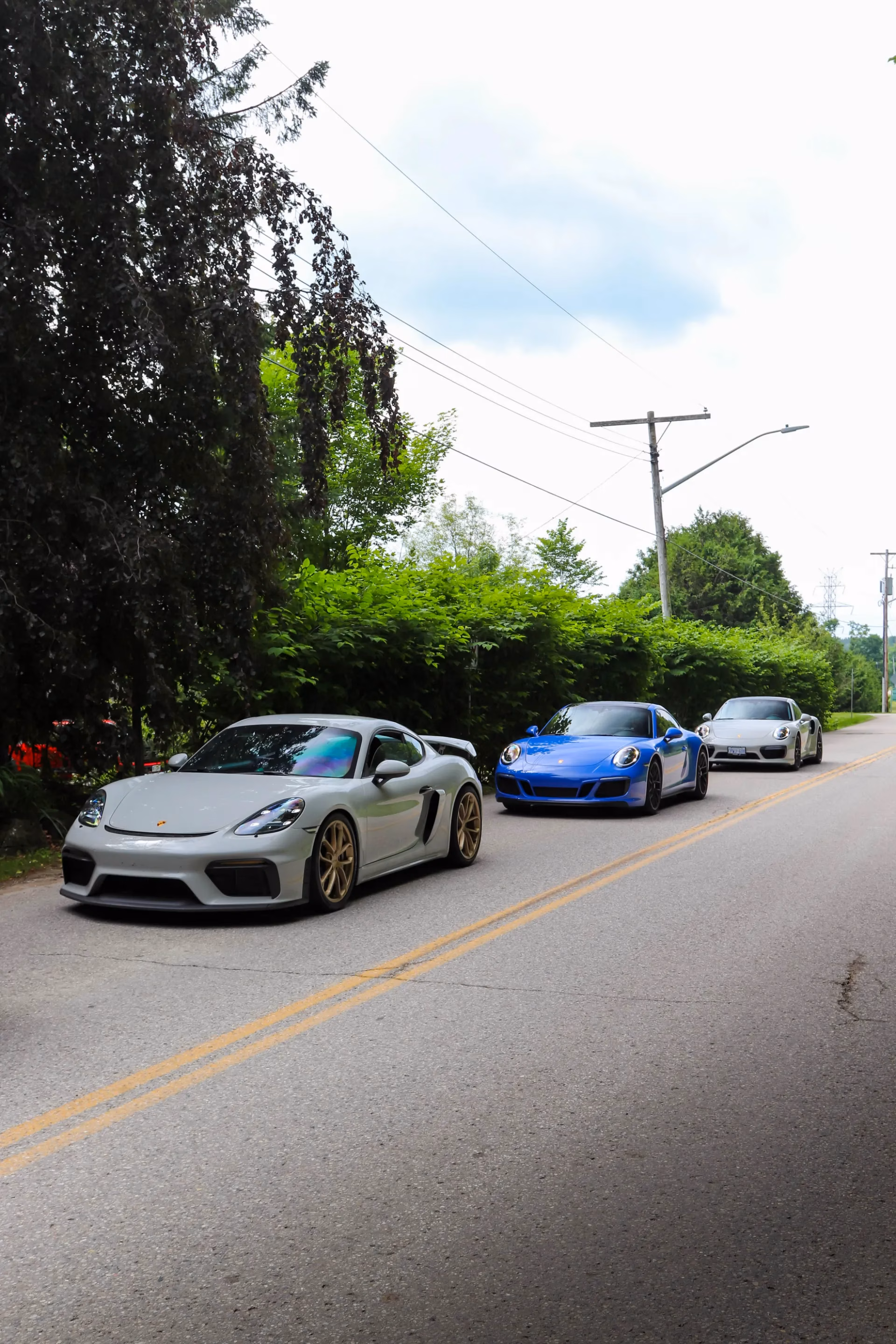A grey Porsche Cayman GT4 with gold wheels parked along a leafy road, a blue 911 behind