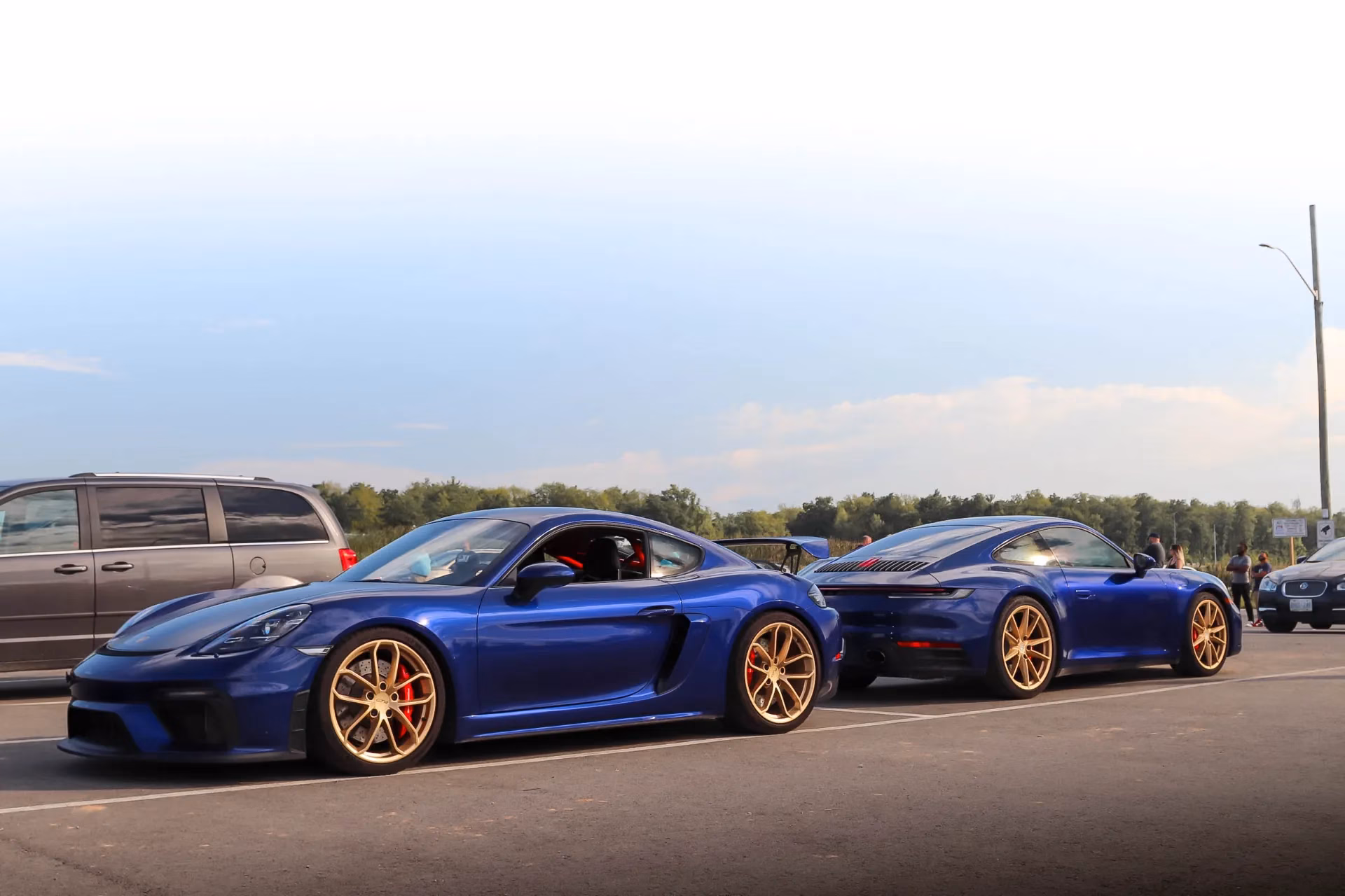 Two blue Porsches with gold wheels parked side by side at a meet
