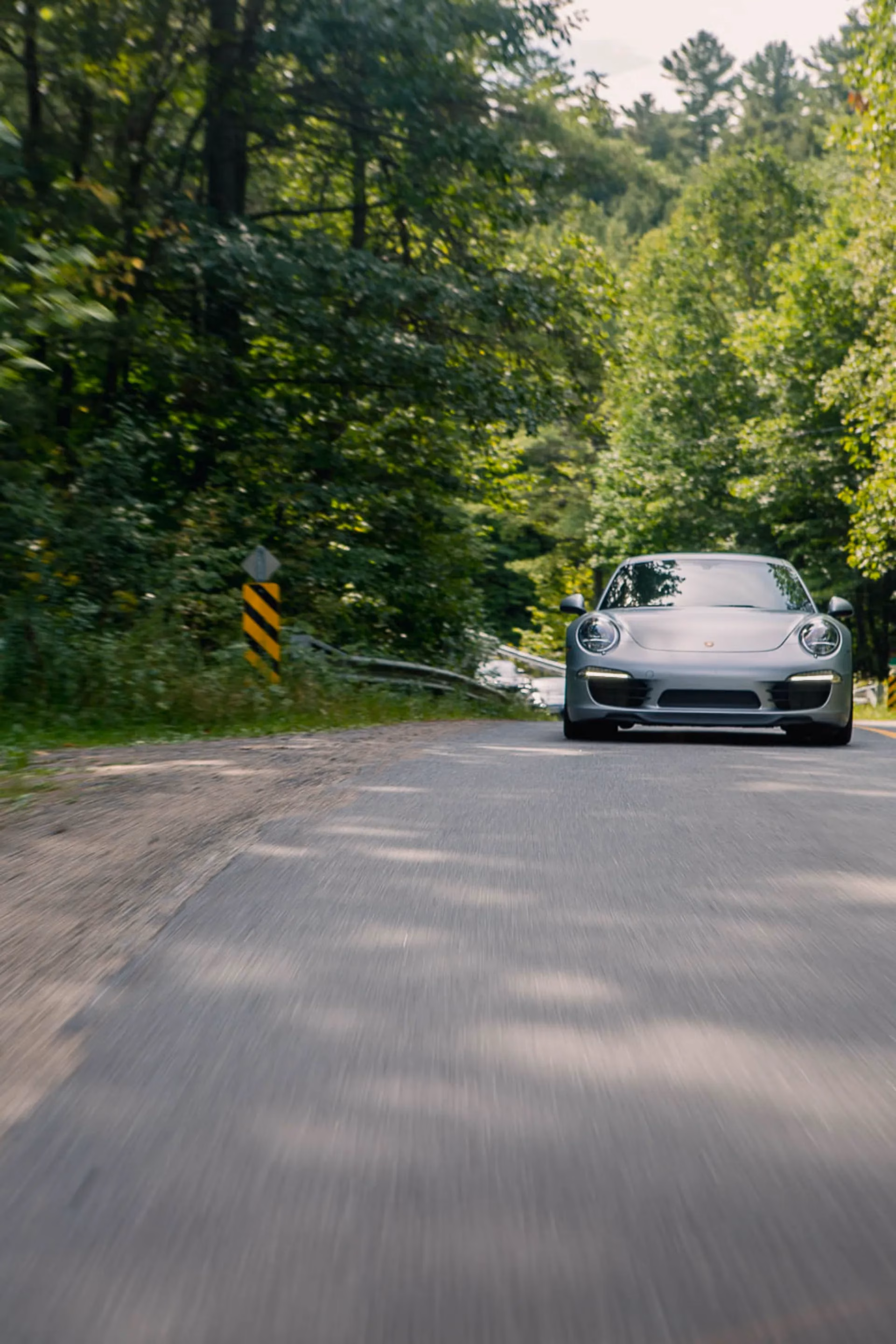 A silver Porsche 911 on a tree-lined road, the foreground blurred with motion