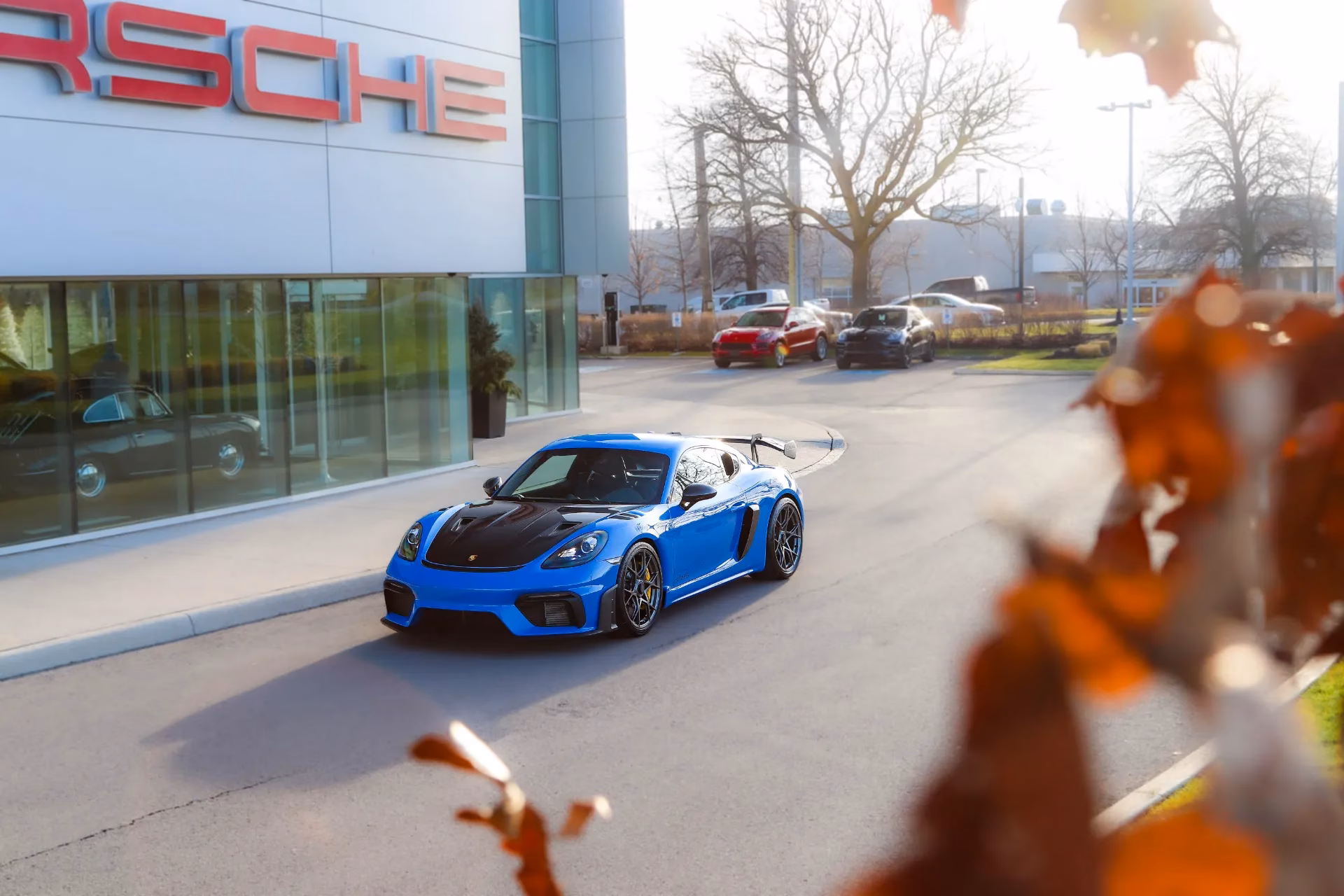 A blue Porsche Cayman GT4 RS pulling away from a Porsche dealership, framed by autumn leaves