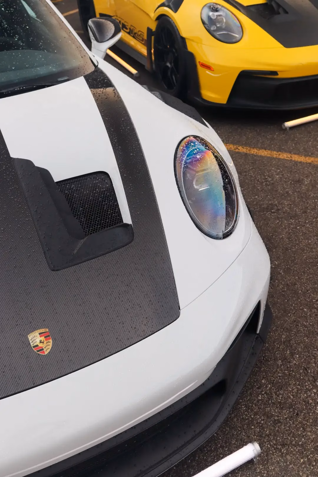 Close-up of a white Porsche 911's carbon hood and crest, a yellow 911 parked behind