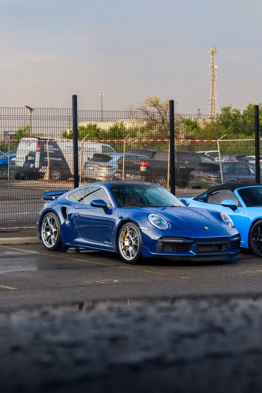 A blue Porsche 911 with yellow brake calipers parked beside a fence at a meet
