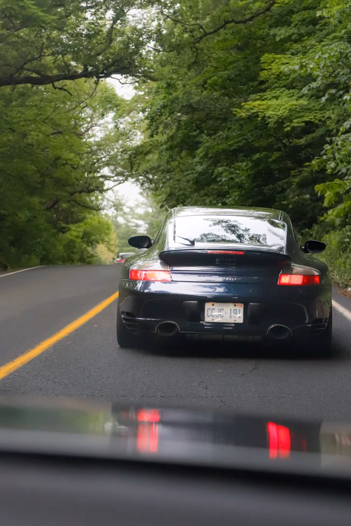A dark Porsche 911 Turbo on a tree-canopied road