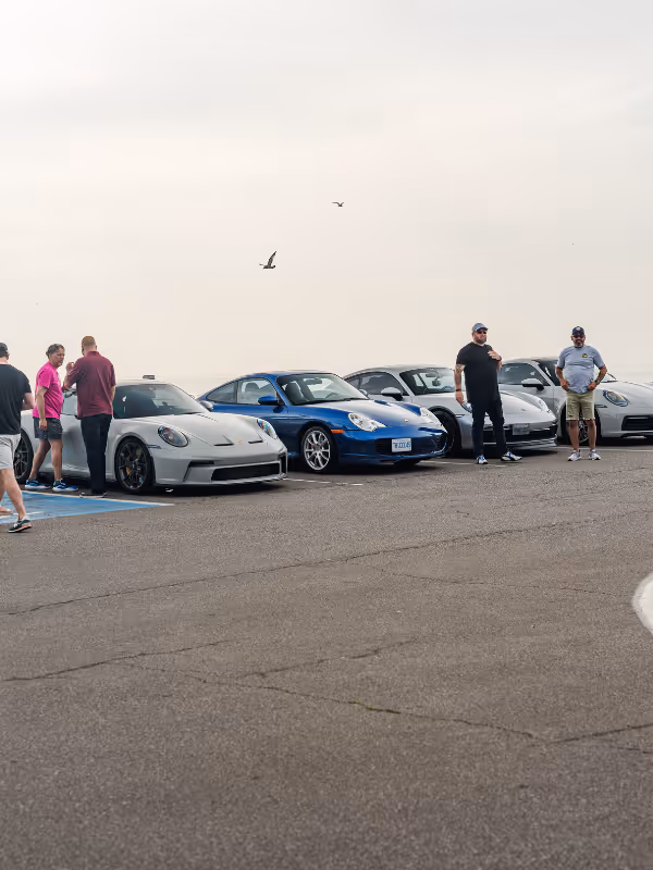 Members and their Porsches parked in a row on an overcast day, a white 911 closest to the camera